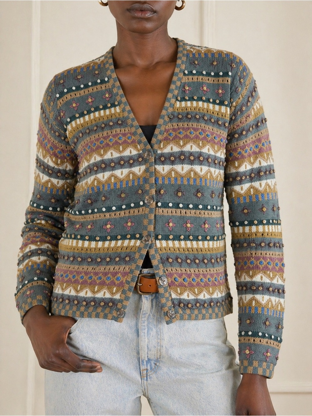Peruvian Connection Pima Cotton Cardigan Multicolor Jacquard Knit Button Sz S